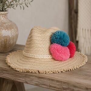Snapperrock Tan 100% Grass Girls Pom Pom Sun Hat S/M